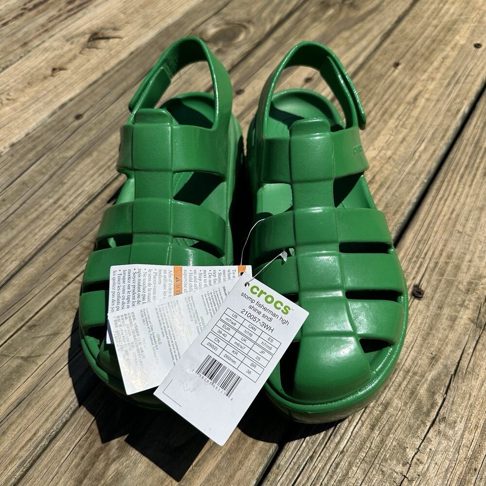 Crocs Stomp Fisherman Sandals High Shine Green Platform 210057-3WH Women's 9 NWT - Picture 3 of 12